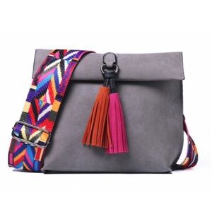 Grey suede colorful guitar strap crossbody bag